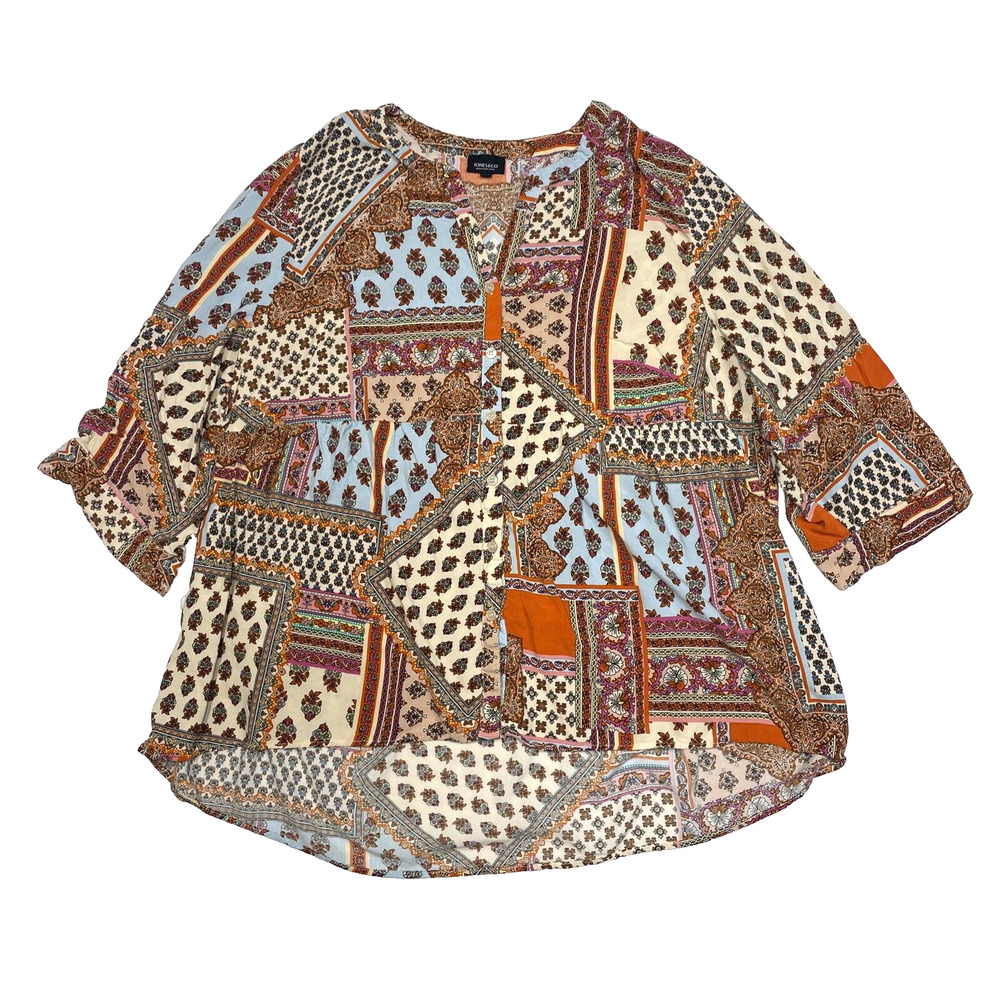 Jones New York Shirt Womens 2X Orange Pink Floral Paisley Tunic Top Casual
